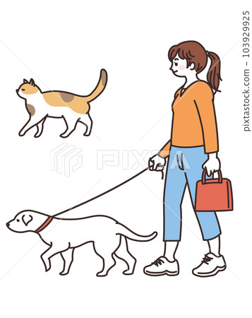 A young woman walking with a dog, a stray cat 103929925