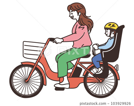 Mother riding a bicycle with a little boy 103929926