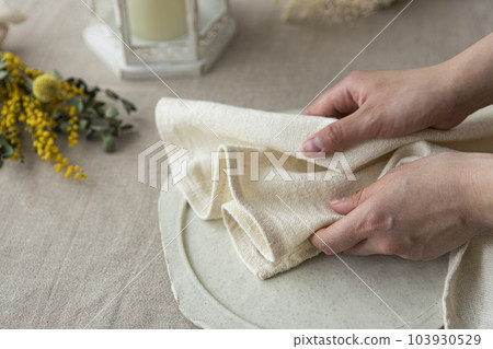 Woman's hand setting the table Woman's hand setting the table 103930529