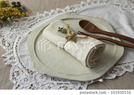 Linen cloth and mimosa natural table coordination 103930538