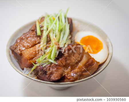 Char siu rice bowl meat up on white background 103930560