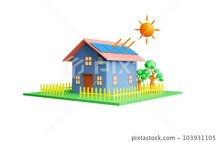 3d Rendering House with solar panels on the roof and sun illustration isolated on white background concept Helping to reduce global warming and cost savings. 103931105