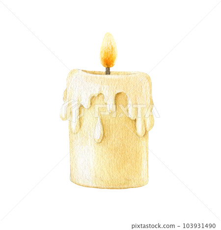 Burning candle watercolor painted illustration. Cozy melted single candle with flame element. Isolated on white background 103931490