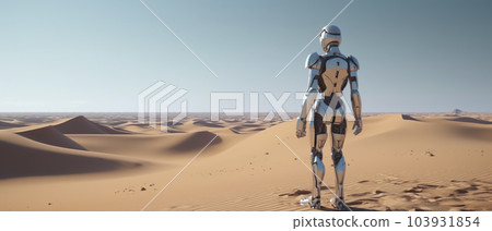 AI 人形機器人與人工智能站在沙漠中“AI 生成的圖像” 103931854