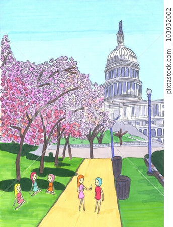 Girls enjoying cherry blossoms in Washington 103932002