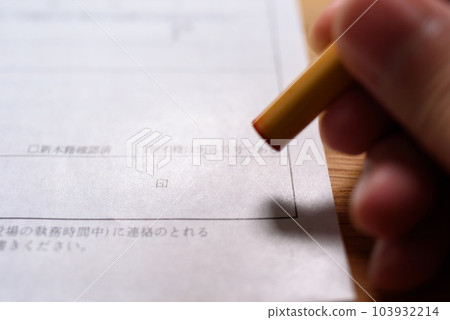 Hand holding a stamp on an official document Sealing a registered seal Hand holding a stamp on an official document Sealing a registered seal 103932214