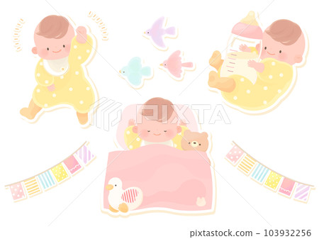 Cute and cheerful baby illustration set bordered Cute and cheerful baby illustration set bordered 103932256