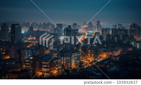 Panoramic skyline and modern commercial buildings with empty asphalt road. AI Generative. 103932637