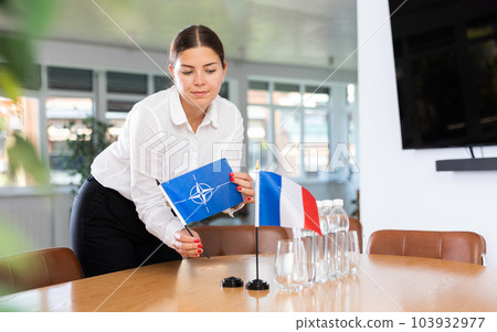 Employee of delegation prepares negotiating table - sets up flag of NATO and France 103932977