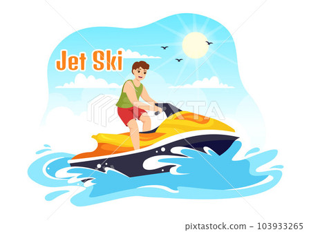 People Ride Jet Ski Vector Illustration Summer Vacation Recreation, Extreme Water Sports and Resort Beach Activity in Hand Drawn Flat Cartoon Template 103933265