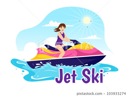 People Ride Jet Ski Vector Illustration Summer Vacation Recreation, Extreme Water Sports and Resort Beach Activity in Hand Drawn Flat Cartoon Template 103933274