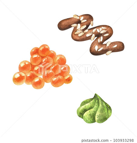 Toppings for sushi rolls. Wasabi sauce, red caviar, teriyaki with sesame. Watercolor illustration. Japanese food. Asian cuisine. Clip art isolated on a white background. Hand drawn for menu, recipes 103933298