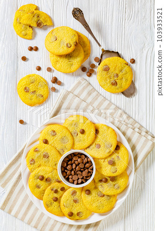 chocolate chip lemon yellow cookies on a plate chocolate chip lemon yellow cookies on a plate 103933521