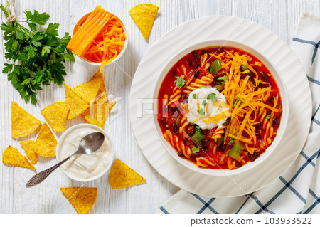 Black Bean Soup with spiral pasta and vegetables Black Bean Soup with spiral pasta and vegetables 103933522