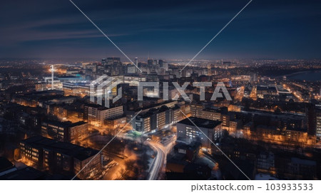 Panoramic skyline and modern commercial buildings with empty asphalt road. AI Generative. Panoramic skyline and modern commercial buildings with empty asphalt road. AI Generative. 103933533