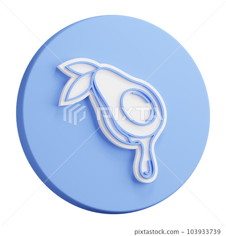 3D button rendering of avocado fruit cut in half with drop of oil. Aromatherapy and natural cosmetics. Realistic blue white PNG illustration isolated on transparent background 103933739