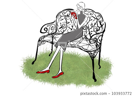 Parisienne 女孩時尚插畫時尚長椅看書花園草坪 Parisienne 女孩時尚插畫時尚長椅看書花園草坪 103933772