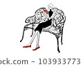 Parisienne girl fashionable illustration fashion bench reading book garden 103933773