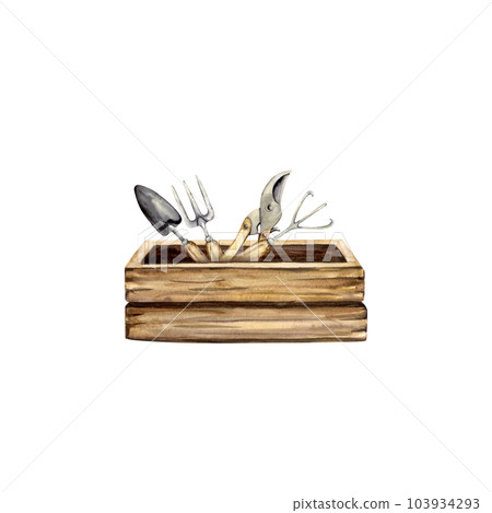 a wooden crate with garden tools 103934293