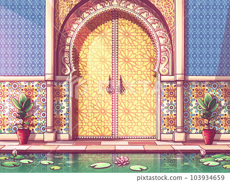 Yellow color door to a Moroccan-style building 103934659