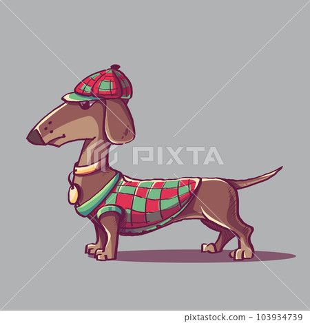 Cute dachshund puppy in cartoon style, wearing a vest and cap. Cute dachshund puppy in cartoon style, wearing a vest and cap. 103934739