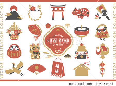 日本新年傳統圖標集。幸運符的矢量插圖。 日本新年傳統圖標集。幸運符的矢量插圖。 103935071