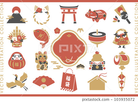 日本新年傳統圖標集。幸運符的矢量插圖。 日本新年傳統圖標集。幸運符的矢量插圖。 103935072
