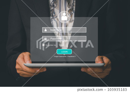 Business person using tablet with login and password on screen display, cyber security concept, data protection and secured internet access. Business person using tablet with login and password on screen display, cyber security concept, data protection and secured internet access. 103935183