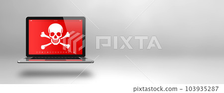 Laptop with a pirate symbol on screen. Hacking concept Laptop with a pirate symbol on screen. Hacking concept 103935287