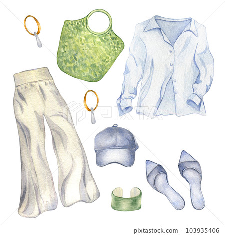Set of woman's summer clothes watercolor illustration isolated on white. Woman's stylish outfit of shirt, trousers, bag hand drawn. Design for shop, sale, magazine, packaging, showcase, pattern Set of woman's summer clothes watercolor illustration isolated on white. Woman's stylish outfit of shirt, trousers, bag hand drawn. Design for shop, sale, magazine, packaging, showcase, pattern 103935406