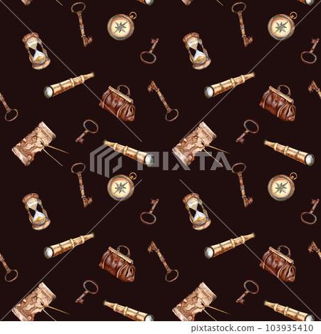 Adventure items vintage style watercolor seamless pattern isolated on black. Compass, spyglass, map, handbag, sandglass hand drawn. Design element for boy's print, textile, wallpaper, background Adventure items vintage style watercolor seamless pattern isolated on black. Compass, spyglass, map, handbag, sandglass hand drawn. Design element for boy's print, textile, wallpaper, background 103935410