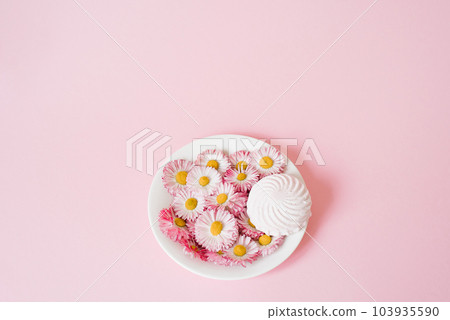 Creative composition. Flowers daisies and marshmallows on a plate with copy space 103935590