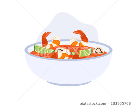 Thai soup with spicy, sour and complex aromas 'Tom Yum Kung'. shrimp soup. seafood. Flat vector cartoon illustration 103935766