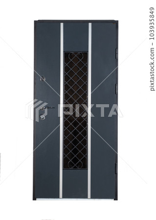 Beautiful metal, iron door on a white background. Lock and handle on the door. Door with a beautiful design. Entrance door in the apartment or in the house. 103935849