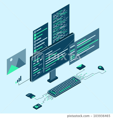 Computer technology isometric illustration. Desktop computer platforms. Software programming coding concept. Code with computer monitor. Vector illustration Computer technology isometric illustration. Desktop computer platforms. Software programming coding concept. Code with computer monitor. Vector illustration 103936465