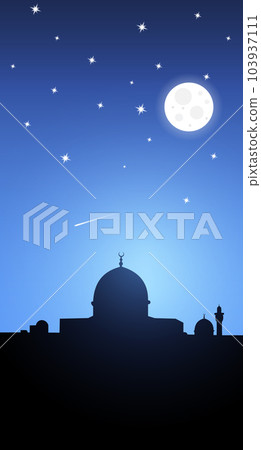 Dark mosque silhouette on blue night. Mosque vector silhouette in ramadan kareem with sky and moon. Starry sky. Vector illustration Dark mosque silhouette on blue night. Mosque vector silhouette in ramadan kareem with sky and moon. Starry sky. Vector illustration 103937111
