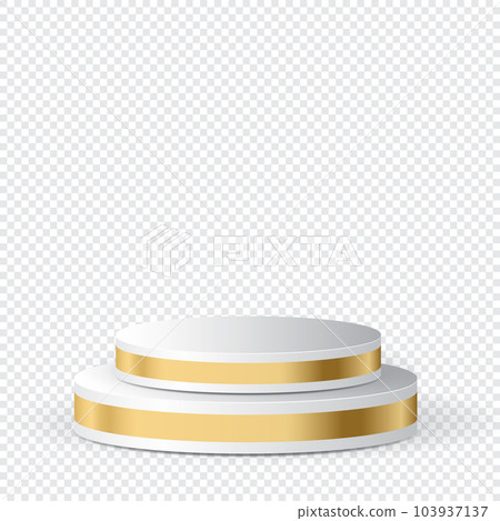 Realistic white blank product podium scene. Pedestal with golden line. Podium for advertising. Stand for cosmetic products. Podium for products. Vector illustration 103937137