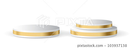 Set of realistic white blank product podium scene. Pedestal with golden line. Podium for advertising. Stand for cosmetic products. Vector illustration Set of realistic white blank product podium scene. Pedestal with golden line. Podium for advertising. Stand for cosmetic products. Vector illustration 103937138
