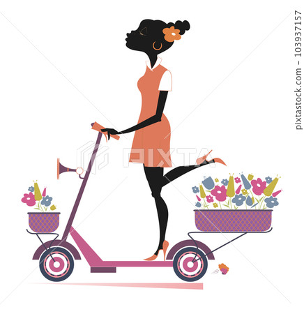 Pretty young African woman, scooter, bouquets of flowers. Smiling young African woman rides a scooter and carries bouquets of flowers in the baskets. Isolated on white background 103937157