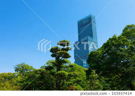 Abeno Harukas and blue sky, young leaves and fresh green Abeno Harukas and blue sky, young leaves and fresh green 103937414