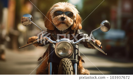 A cool biker dog takes the road by storm on a motorcycle, embodying adventure, style, and the spirit of freedom on two wheels. city generated ai. 103937672