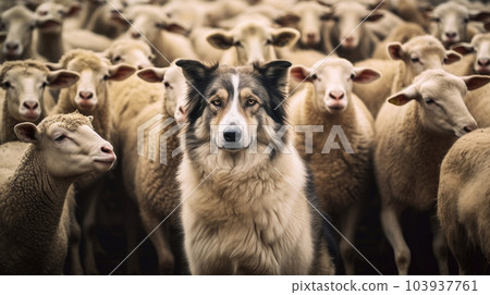 A loyal shepherd dog stands proudly in front of a vast herd of sheep, showcasing strength and guardianship generated ai. 103937761