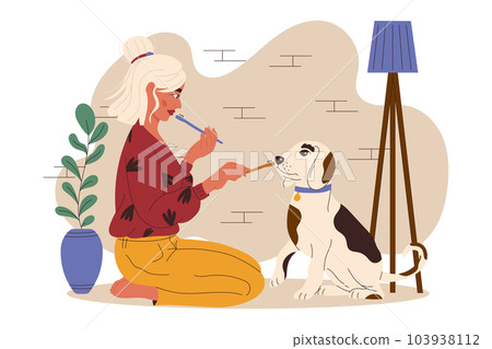 Girl show toothbrush her dog. Oral hygiene for dogs of all breeds. Gum disease prevention. Dog dental care concept. Vector illustration 103938112