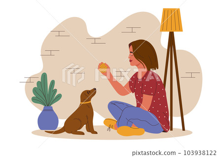 Girl plays with her dog with a brushing toy. Dog dental care concept. Preventing plaque and tartar build-up. Vector illustration Girl plays with her dog with a brushing toy. Dog dental care concept. Preventing plaque and tartar build-up. Vector illustration 103938122