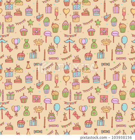 Birthday greeting party decorations seamless pattern. Gifts presents, cupcakes, celebration cake 103938156