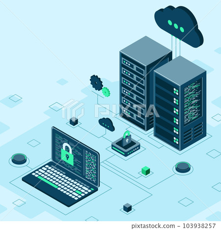 Cyber data security. Internet security isometric concept. Server room connected with laptop through protected hub. Computing internet digital technology. Vector illustration 103938257