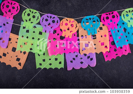 Mexican paper flag garland for Day of the death Mexican paper flag garland for Day of the death 103938359