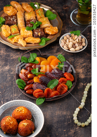 Ramadan iftar traditional desserts baklava and dates Ramadan iftar traditional desserts baklava and dates 103938427