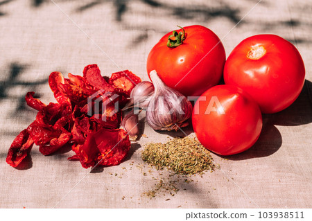Appetizing dried and fresh tomatoes, various spices and herbs lie on the kitchen table, bright sunlight and shade Appetizing dried and fresh tomatoes, various spices and herbs lie on the kitchen table, bright sunlight and shade 103938511