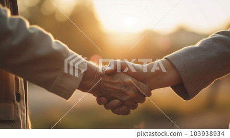 一位老人的手互相幫助和握手的特寫鏡頭“人工智能生成的圖像” 103938934